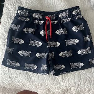 The Beaufort Bonnet company Navy Swim Shorts w/ White Fish Print &Red Drawstring
